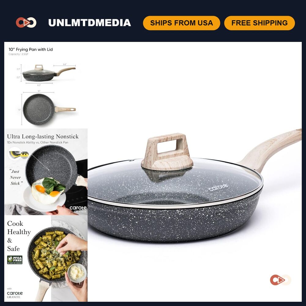 10" Non-Stick Frying Pan - Classic Granite Skillet with Glass Lid, Easy Clean